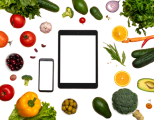 Produce and electronics surround devices with white screens on a dark background, flat lay composition
