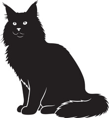 Majestic maine coon cat silhouette sitting alert with fluffy tail and ears detailed outline iconic feline pet animal graphic