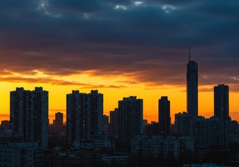 Fototapeta premium A vibrant golden hour view of the towering structures and high-rise buildings against a dramatic, colorful evening sky ,day ,dusk ,travel