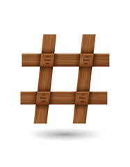Brown wooden hashtag symbol, with shadow, on clean white backdrop