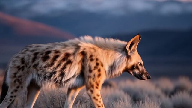 A hyena stands alert in a field, lit by golden light, with a purple and blue mountain backdrop