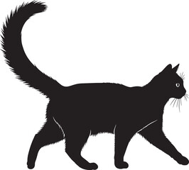 Elegant black cat silhouette stepping gracefully with a bushy tail captured in a classic profile view