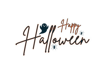 Spooky and fun happy halloween text with playful ghosts and a jack o lantern on white background
