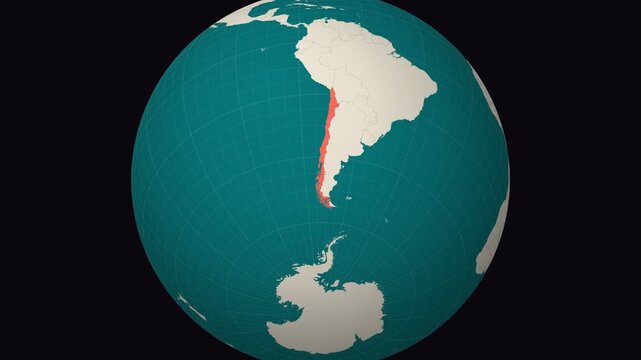 Chile map. Animated zoom into the country on the Globe in Teal Pale Mint color palette. Country logo animation. Map with meridians, parallels. Amazing video.