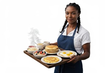 Cheerful server presenting breakfast featuring pancakes, eggs and oatmeal