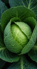 Fototapeta premium Vibrant green cabbage leaves covered in droplets of condensation, suggesting fresh vegetable health and a cool, revitalizing experience ,farming ,cabbage ,produce