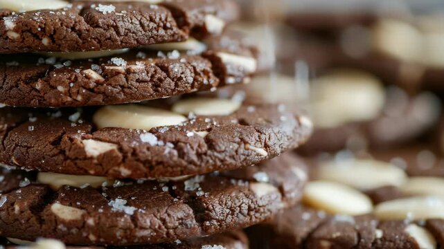Close-up of freshly baked chocolate chip cookies topped with chopped nuts and white sprinkles on a gray surface.