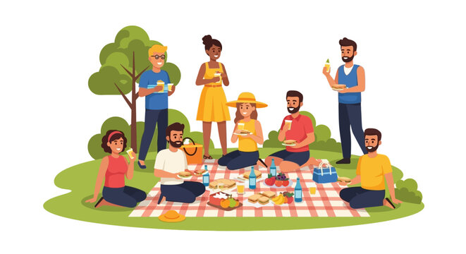 Group having a picnic in a park sitting on a checkered blanket with food drinks and trees in the background