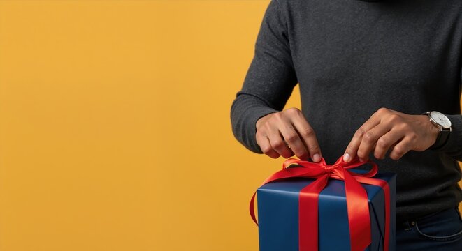 A black man tying a red satin ribbon on a blue present. Holiday gift wrapping for a special occasion. Horizontal banner with copy space