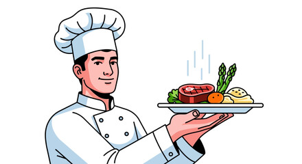 A chef holding a platter with a steak asparagus potato and carrot