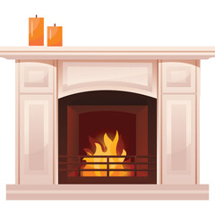 Elegant White Fireplace With Burning Fire Inside Two Orange Candles On Top With Transparent Background