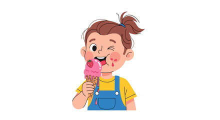 A child eating an ice cream cone with strawberry