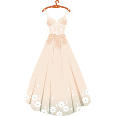 Elegant white wedding dress with delicate floral pattern and spaghetti straps displayed on a hanger against a transparent background