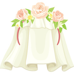 Elegant White Wedding Veil Adorned with Delicate Peach Roses and Lilies Symbolizing Purity and Love with Soft Petal Details