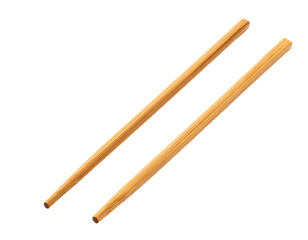 Pair of light brown chopsticks resting diagonally on a solid black background, slightly overlapping each other