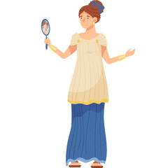 Elegant Woman Holding a Mirror and Admiring Herself in a Cream Tunic and Blue Skirt with Golden Armbands and Hair Tie