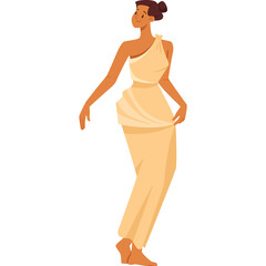 Elegant Woman in Flowing Cream Gown Posing Gracefully with One Shoulder Drape and Subtle Smile Against a White Background