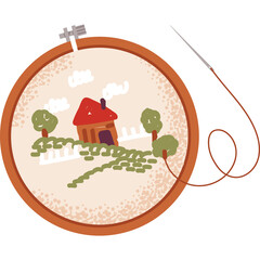Embroidery hoop displaying a charming rural landscape with a red roof house green trees and white fence illustration with needle and red thread