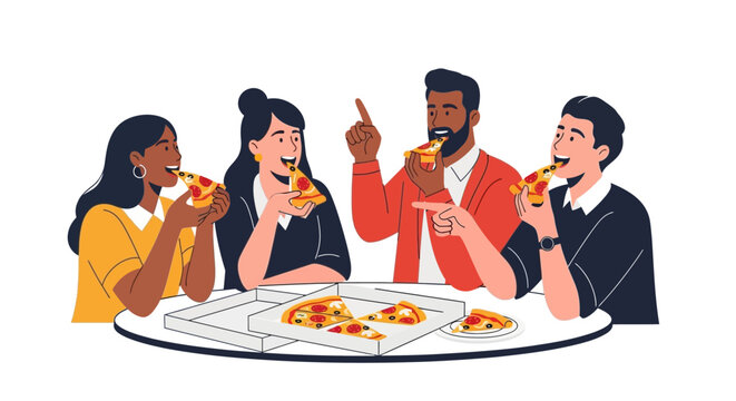 Four people eat pizza around a table one points up and another points right