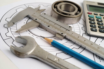 Engineering and precision tools with metal ball bering, mechanical industrial.