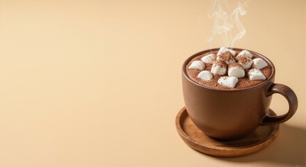 Cozy cup of hot cocoa with marshmallows and steam. Warm winter chocolate drink on a plain brown background with copy space
