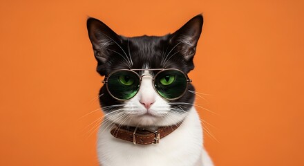 Studio Portrait of Stylish Tuxedo Cat Wearing Green Sunglasses and Collar