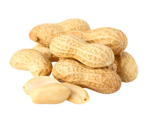 Pile of unroasted peanuts in shells, plus a few shelled, against a black background. Neutral warm lighting