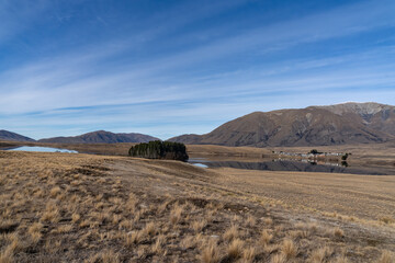 Views of alpine tussock land and mountains on  shore of Lake Clearwater from the circuit track around the lake