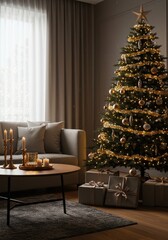 Beautifully illuminated living room scene during a festive holiday night, showcasing elegant decorations and a sparkling tree ,festive ,joyful ,wonderful