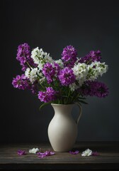 Fototapeta premium Beautiful springtime bouquet featuring vibrant purple blossoms and crisp white petals arranged elegantly in a simple ceramic vase ,crisp ,celebration ,purity