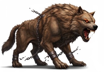 Fierce mythical wolf snarling with glowing eyes in chains fantasy artwork