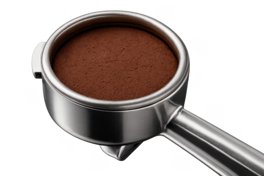 Portafilter full of ground coffee for making espresso