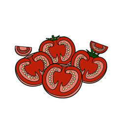 Fresh produce illustration: bright red tomatoes with green stems. Tomatoes showing the inside of a fresh tomato.