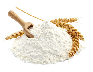 Pile of white flour with a wooden scoop, adorned with golden wheat stalks on a transparent background