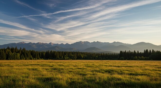 Expansive view of a vast, tranquil meadow bordered by dense forest and dramatic mountain ranges reaching toward the distant, open horizon ,tranquil ,rugged ,meadow