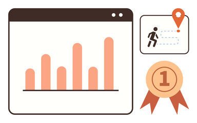 Bar graph in browser window, path with runner reaching location pin, and a first-place medal. Ideal for business stats, performance goal tracking, achievement, competition, success, analysis simple