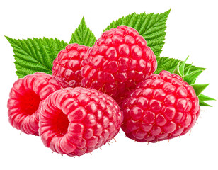Pile of vibrant red raspberries clustered with leafy green foliage, isolated on a black background
