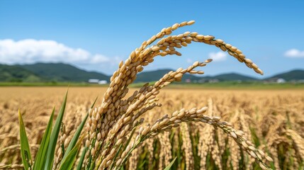 Golden rice field under clear blue sky with lush mountains in the background.
