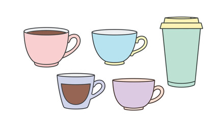 Colorful collection of illustrated coffee cups and travel mugs displayed together