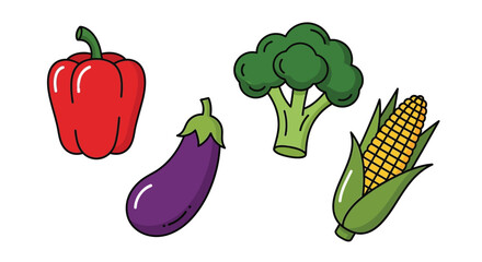 A colorful cartoon illustration depicting fresh vegetables like pepper eggplant and corn