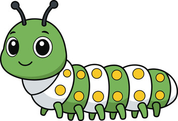 Cartoon caterpillar with segmented body, green and white insect, friendly expression, educational character art, kids illustration, isolated on white background