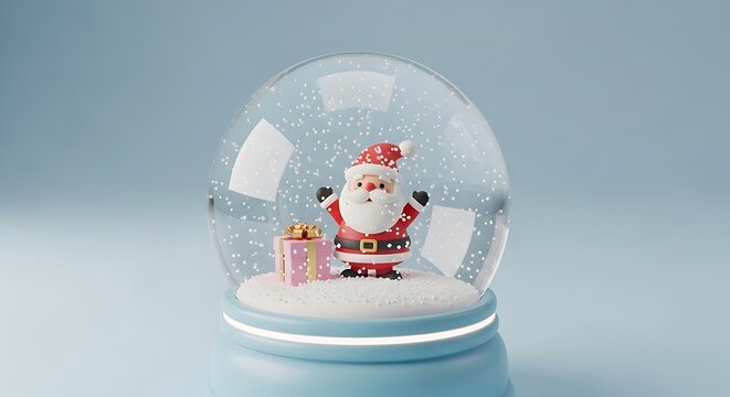 Santa Claus inside kawaii pastel snow globe with pink gift box. 3D Christmas illustration for joyful holiday concept.