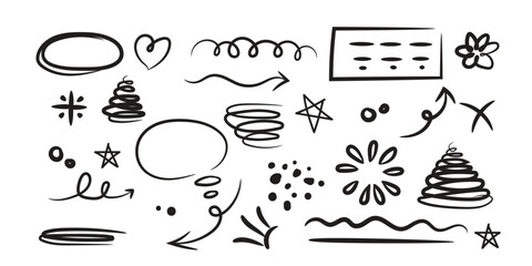 star with marker stroke pencil highlight, Doodle sketch heart, star, cloud cartoon sticker shapes