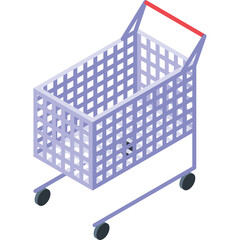 Empty Light Purple Shopping Cart Isometric View on Transparent Background Ready for Groceries and Retail Shopping Aisles