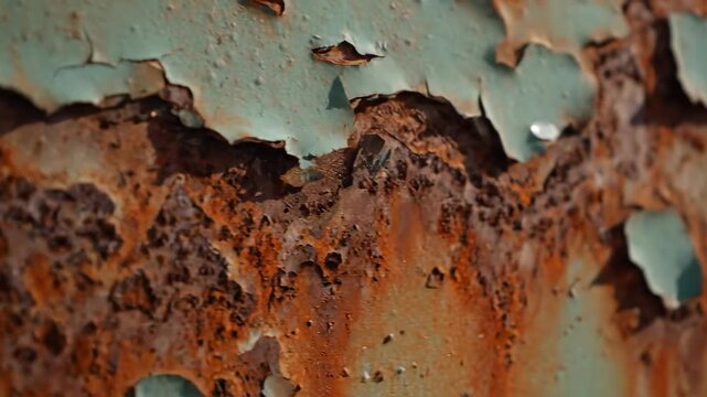 Close-up cinematic shot of an aged and distressed metal surface with intricate rust patterns and peeling paint texture oxidization, unique, metallic texture
