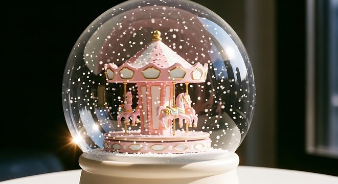 Cute pink carousel inside kawaii 3D snow globe. Pastel clay miniature with dreamy holiday aesthetic.