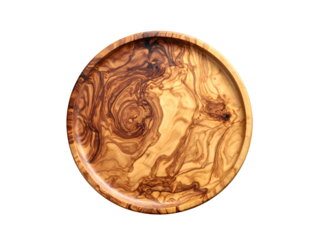 Round wood plate with intricate grain patterns, viewed from above, set against a black background