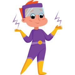 Energetic young boy in a purple superhero costume with yellow accents and protective goggles emits purple lightning from his hands against a transparent background