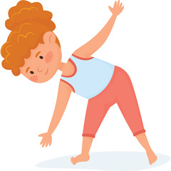 Energetic young girl with curly red hair performing a yoga triangle pose on a transparent background