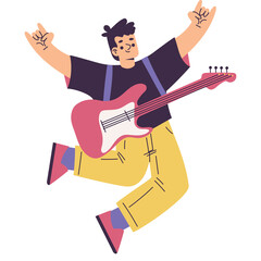 Energetic Young Man Playing Guitar with Arms Raised and Rock On Hand Gestures on Transparent Background